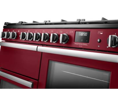 Rangemaster Professional Deluxe 110 Bordeaux Dual Fuel Range Cooker close-up view of control knobs and LED touch display fascia