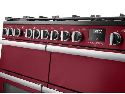 Rangemaster Professional Deluxe 110 Bordeaux Dual Fuel Range Cooker close-up view of control knobs and LED touch display fascia
