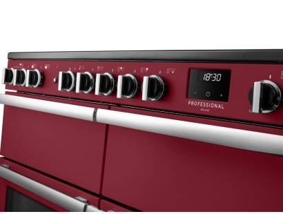 Rangemaster Professional Deluxe 110 Bordeaux Induction Range Cooker close-up view of control knobs and LED touch display fascia