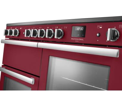 Rangemaster Professional Deluxe 110 Bordeaux Induction Range Cooker close-up view of control knobs and LED touch display fascia