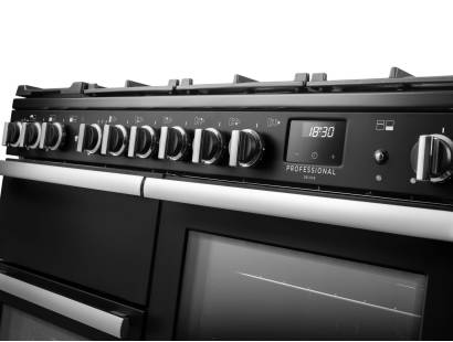 Rangemaster Professional Deluxe 110 Charcoal Black Dual Fuel Range Cooker close-up view of control knobs and LED touch display fascia