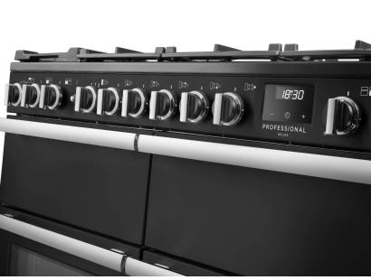 Rangemaster Professional Deluxe 110 Charcoal Black Dual Fuel Range Cooker close-up view of control knobs and LED touch display fascia