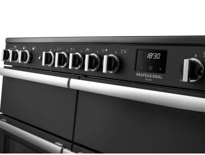 Rangemaster Professional Deluxe 110 Charcoal Black Induction Range Cooker close-up view of control knobs and LED touch display fascia