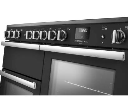 Rangemaster Professional Deluxe 110 Charcoal Black Induction Range Cooker close-up view of control knobs and LED touch display fascia