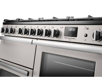 Rangemaster Professional Deluxe 110 Ivory Dual Fuel Range Cooker close-up view of control knobs and LED touch display fascia