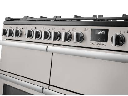 Rangemaster Professional Deluxe 110 Ivory Dual Fuel Range Cooker close-up view of control knobs and LED touch display fascia