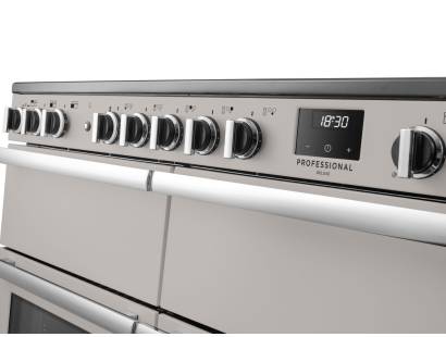 Rangemaster Professional Deluxe 110 Ivory Induction Range Cooker close-up view of control knobs and LED touch display fascia