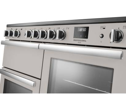 Rangemaster Professional Deluxe 110 Ivory Induction Range Cooker close-up view of control knobs and LED touch display fascia