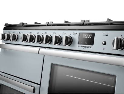 Rangemaster Professional Deluxe 110 Misty Blue Dual Fuel Range Cooker close-up view of control knobs and LED touch display fascia