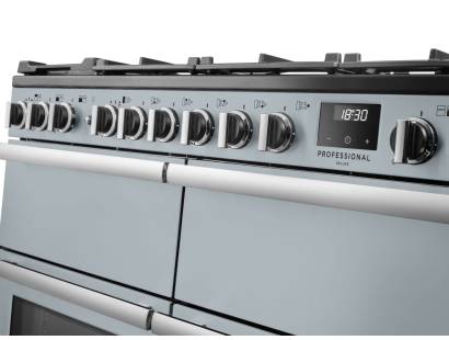 Rangemaster Professional Deluxe 110 Misty Blue Dual Fuel Range Cooker close-up view of control knobs and LED touch display fascia