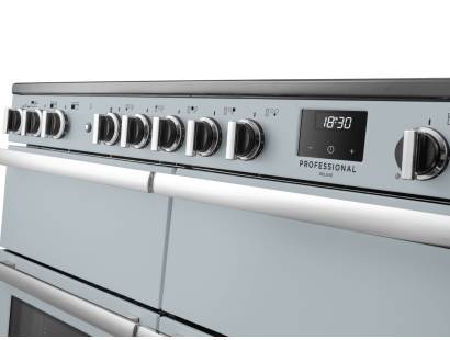 Rangemaster Professional Deluxe 110 Misty Blue Induction Range Cooker close-up view of control knobs and LED touch display fascia