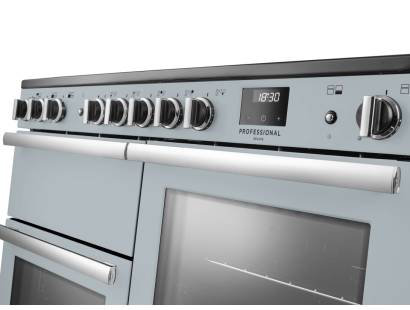 Rangemaster Professional Deluxe 110 Misty Blue Induction Range Cooker close-up view of control knobs and LED touch display fascia