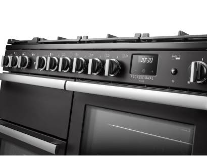 Rangemaster Professional Deluxe 110 Slate Dual Fuel Range Cooker close-up view of control knobs and LED touch display fascia