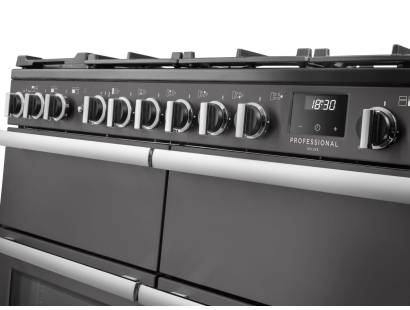 Rangemaster Professional Deluxe 110 Slate Dual Fuel Range Cooker close-up view of control knobs and LED touch display fascia