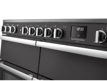 Rangemaster Professional Deluxe 110 Slate Induction Range Cooker close-up view of control knobs and LED touch display fascia