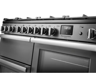 Rangemaster Professional Deluxe 110 Stainless Steel Dual Fuel Range Cooker close-up view of control knobs and LED touch display fascia