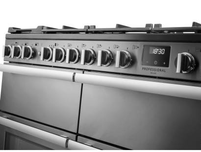 Rangemaster Professional Deluxe 110 Stainless Steel Dual Fuel Range Cooker close-up view of control knobs and LED touch display fascia