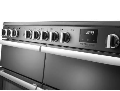 Rangemaster Professional Deluxe 110 Stainless Steel Induction Range Cooker close-up view of control knobs and LED touch display fascia