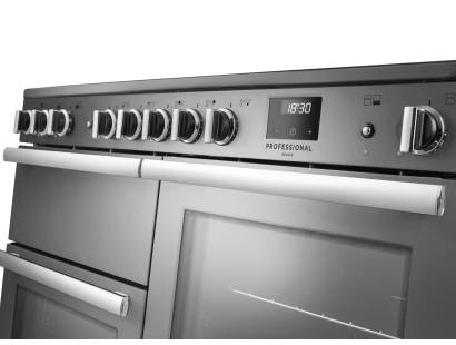 Rangemaster Professional Deluxe 110 Stainless Steel Induction Range Cooker close-up view of control knobs and LED touch display fascia