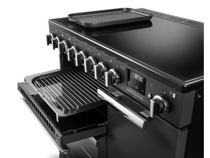 Rangemaster Professional Deluxe 90 Charcoal Black Induction Range Cooker close-up view of control knobs and LED touch display fascia