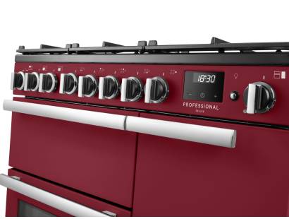 Rangemaster Professional Deluxe 90 Bordeaux Dual Fuel Range Cooker close-up view of control knobs and LED touch display fascia