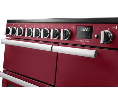 Rangemaster Professional Deluxe 90 Bordeaux Induction Range Cooker close-up view of control knobs and LED touch display fascia