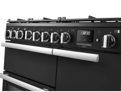 Rangemaster Professional Deluxe 90 Charcoal Black Dual Fuel Range Cooker close-up view of control knobs and LED touch display fascia