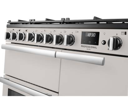 Rangemaster Professional Deluxe 90 Ivory Dual Fuel Range Cooker close-up view of control knobs and LED touch display fascia