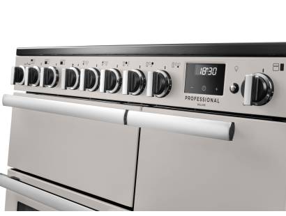 Rangemaster Professional Deluxe 90 Ivory Induction Range Cooker close-up view of control knobs and LED touch display fascia