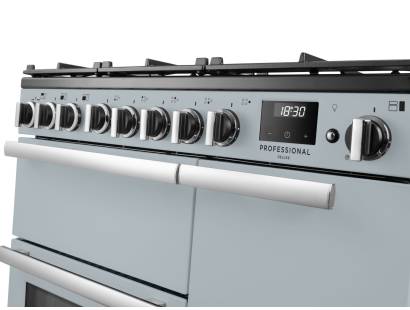 Rangemaster Professional Deluxe 90 Misty Blue Dual Fuel Range Cooker close-up view of control knobs and LED touch display fascia
