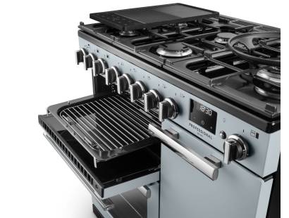 Rangemaster Professional Deluxe 90 Misty Blue Flexi-Grill with telescopic runners and full or half-width grilling