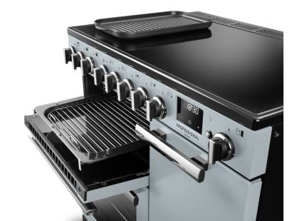 Rangemaster Professional Deluxe 90 Misty Blue Flexi-Grill with telescopic runners and full or half-width grilling