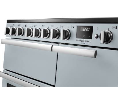 Rangemaster Professional Deluxe 90 Misty Blue Induction Range Cooker close-up view of control knobs and LED touch display fascia