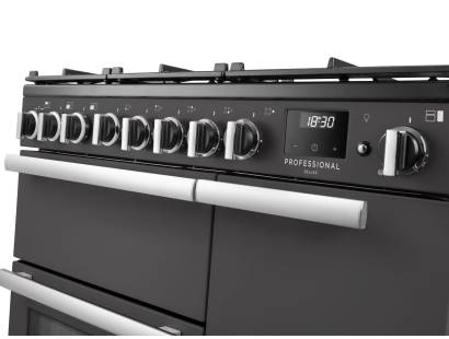 Rangemaster Professional Deluxe 90 Slate Dual Fuel Range Cooker close-up view of control knobs and LED touch display fascia