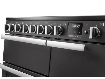 Rangemaster Professional Deluxe 90 Slate Induction Range Cooker close-up view of control knobs and LED touch display fascia