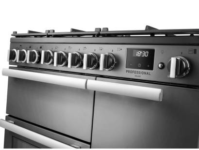 Rangemaster Professional Deluxe 90 Stainless Steel Dual Fuel Range Cooker close-up view of control knobs and LED touch display fascia