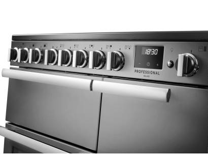 Rangemaster Professional Deluxe 90 Stainless Steel Induction Range Cooker close-up view of control knobs and LED touch display fascia