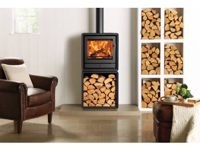 Riva2 50 wood stove with log store base and sleek contemporary design