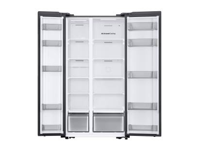 Samsung RS57DG400EM9EU fridge freezer open with empty interior showing storage layout