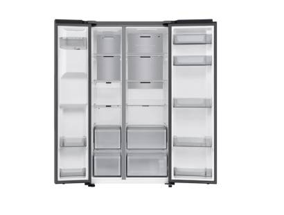 Samsung RS70F66KCTEU fridge freezer open showing empty shelves and compartments