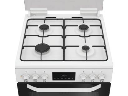 White Hotpoint dual fuel cooker with double ovens and gas hob
