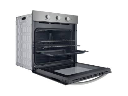 Side open view of Indesit IO232HXUK with tilting grill and manual dial controls