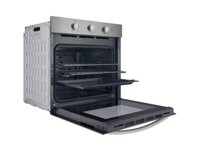 Side open view of Indesit IO233XUK with tilting grill and control dials visible