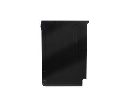 Side profile showing freestanding black appliance design