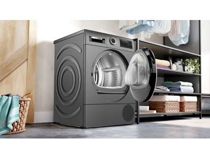 Side view of Bosch Series 6 Heat Pump Tumble Dryer in cast iron grey