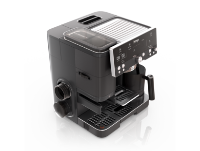 Side view of Ninja Luxe Café Premier Espresso Machine black finish on kitchen counter