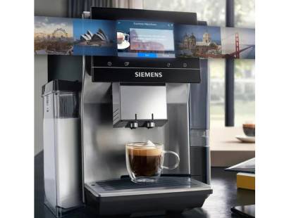 Siemens TQ717GB3 side profile showing milk frother and coffee spout