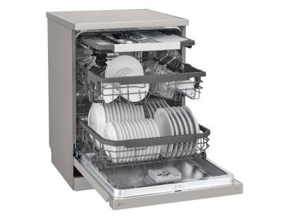 Silver LG DF355FP 14 place setting dishwasher with open door feature