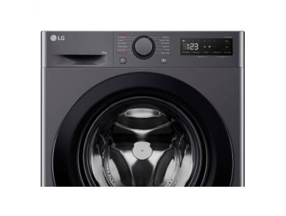 Space-saving LG washer in modern slate grey finish showing control panel
