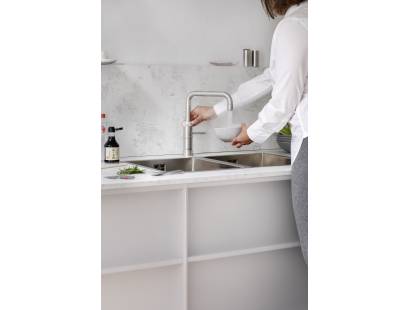 Stainless steel Quooker Classic tap with square spout and traditional design